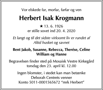 Dødsannoncen for Herbert Isak Krogmann - København 