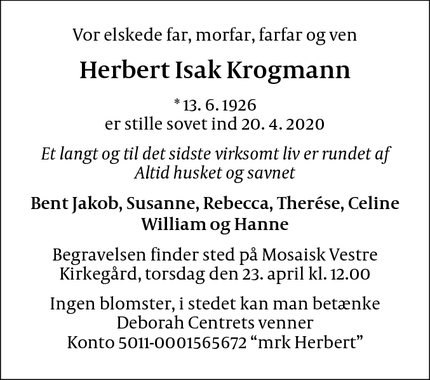 Dødsannoncen for Herbert Isak Krogmann - København 