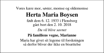 Dødsannoncen for Herta Maria Boysen  - Ebeltoft