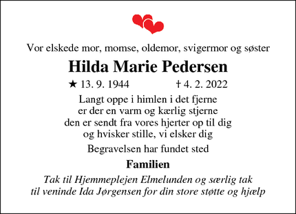 Dødsannoncen for Hilda Marie Pedersen - Jyderup