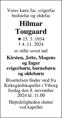 Dødsannoncen for Hilmar
Tougaard - Viborg