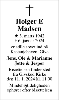 Dødsannoncen for Holger E
Madsen - Give