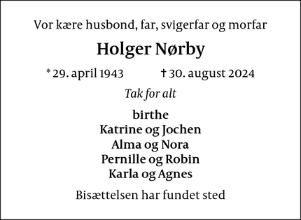 Dødsannoncen for Holger Nørby - Greve