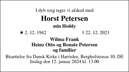 Dødsannoncen for Horst Petersen - Harrislee.DE