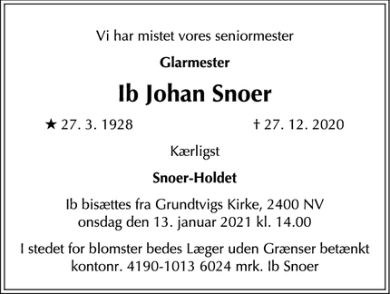 Dødsannoncen for Ib Johan Snoer - København NV