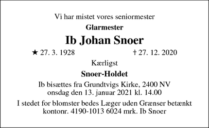 Dødsannoncen for Ib Johan Snoer - København NV