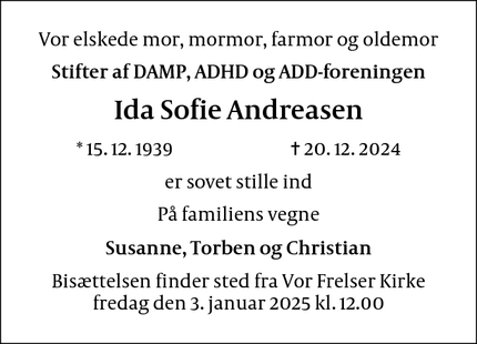 Dødsannoncen for Ida Sofie Andreasen - København S