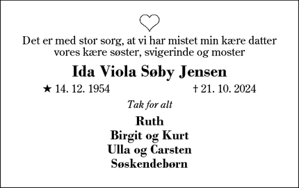 Dødsannoncen for Ida Viola Søby Jensen - Fasterholt