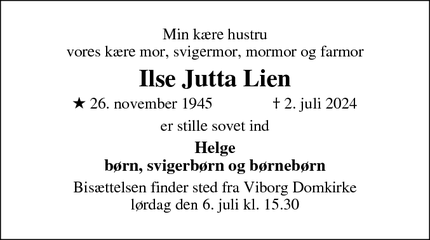 Dødsannoncen for Ilse Jutta Lien - Viborg