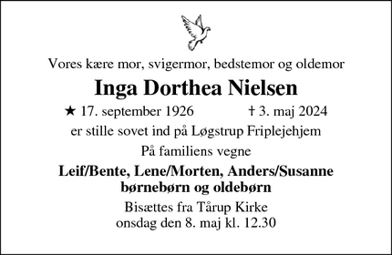 Dødsannoncen for Inga Dorthea Nielsen - Løgstrup