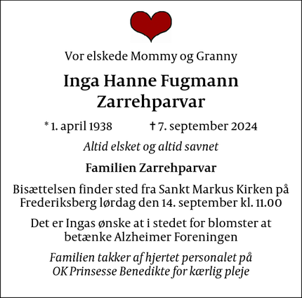 Dødsannoncen for Inga Hanne Fugmann Zarrehparvar - Frederiksberg