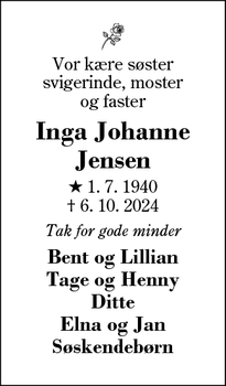 Dødsannoncen for Inga Johanne Jensen - Videbæk