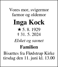 Dødsannoncen for Inga Kock - 5300 Kerteminde