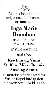 Dødsannoncen for Inga Marie
Brøndum - Herning