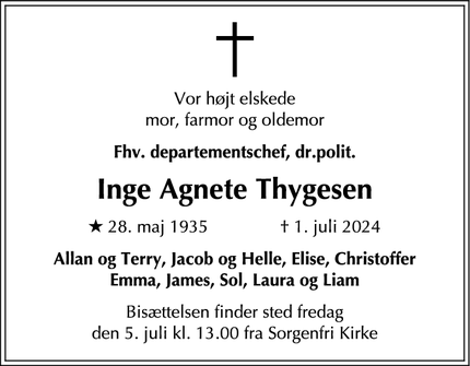 Dødsannoncen for Inge Agnete Thygesen - Kgs Lyngby