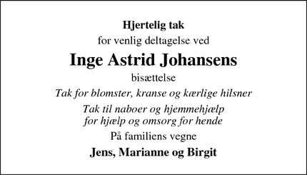 Taksigelsen for Inge Astrid Johansen - Guderup, 6430 Nordborg