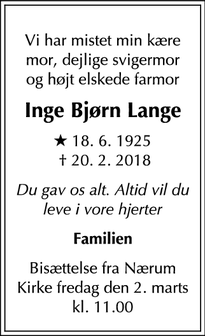 Dødsannoncen for Inge Bjørn Lange - Vedbæk