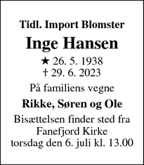 Dødsannoncen for Inge Hansen - Vordingborg