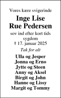 Dødsannoncen for Inge Lise
Rue Pedersen - Næsbjerg