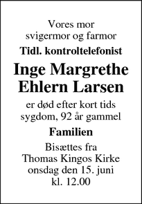 Dødsannoncen for Inge Margrethe
Ehlern Larsen - Middelfart