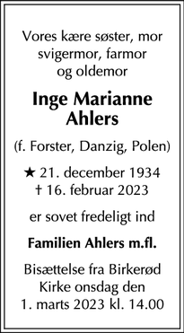 Dødsannoncen for Inge Marianne
Ahlers - Birkerød