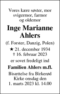 Dødsannoncen for Inge Marianne
Ahlers - Birkerød