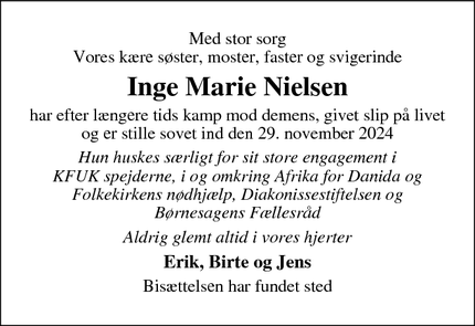 Dødsannoncen for Inge Marie Nielsen - Fuglebjerg