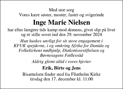 Dødsannoncen for Inge Marie Nielsen - Fuglebjerg