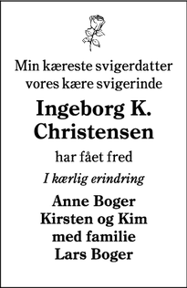 Dødsannoncen for Ingeborg K. Christensen - Vedsted