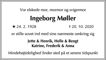 Dødsannoncen for Ingeborg Møller  - Virum