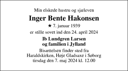 Dødsannoncen for Inger Bente Hakonsen - Søborg 