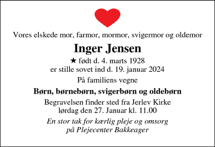 Dødsannoncen for Inger Jensen - Fredericia