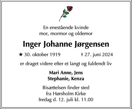 Dødsannoncen for Inger Johanne Jørgensen - Farum