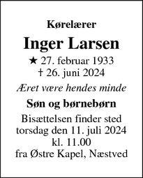 Dødsannoncen for Inger Larsen - Næstved