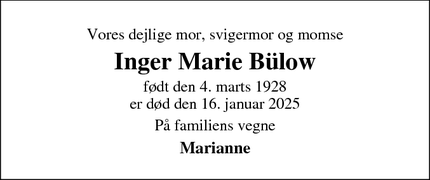 Dødsannoncen for Inger Marie Bülow - Rødovre