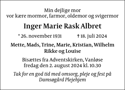 Dødsannoncen for Inger Marie Rask Albret - Vanløse