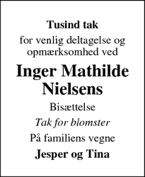 Taksigelsen for Inger Mathilde
Nielsen - Kerteminde