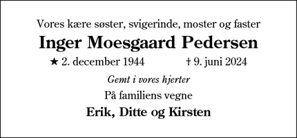 Dødsannoncen for Inger Moesgaard Pedersen -  Oksbøl
