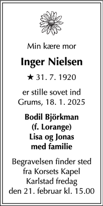 Dødsannoncen for Inger Nielsen - Roskilde