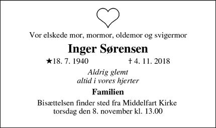 Dødsannoncen for Inger Sørensen - Middelfart