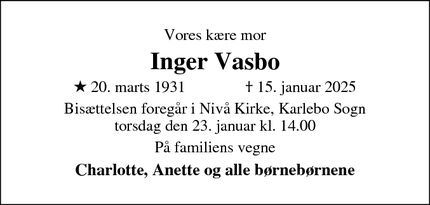 Dødsannoncen for Inger Vasbo - Kokkedal