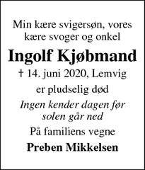 Dødsannoncen for Ingolf Kjøbmand - Lemvig