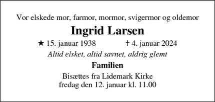 Dødsannoncen for Ingrid Larsen - Hinnerup