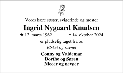 Dødsannoncen for Ingrid Nygaard Knudsen - Rødding