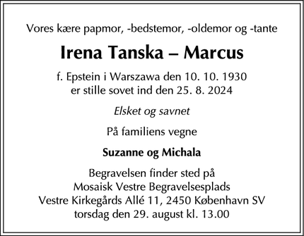 Dødsannoncen for Irena Tanska – Marcus - København Ø