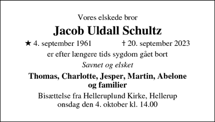 Dødsannoncen for Jacob Uldall Schultz - Gentofte