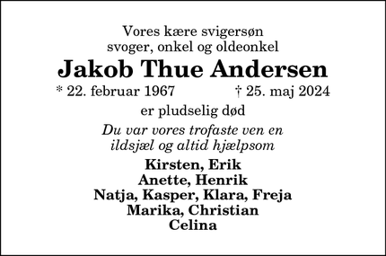 Dødsannoncen for Jakob Thue Andersen - Dronninglund