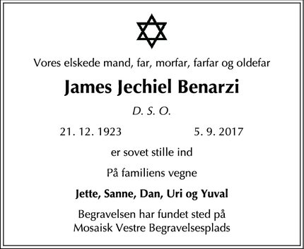 Dødsannoncen for James Jechiel Benarzi - Holte