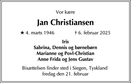 Dødsannoncen for Jan Christiansen - Kreuztal, Tyskland