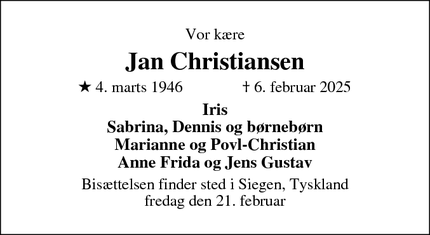 Dødsannoncen for Jan Christiansen - Kreuztal, Tyskland